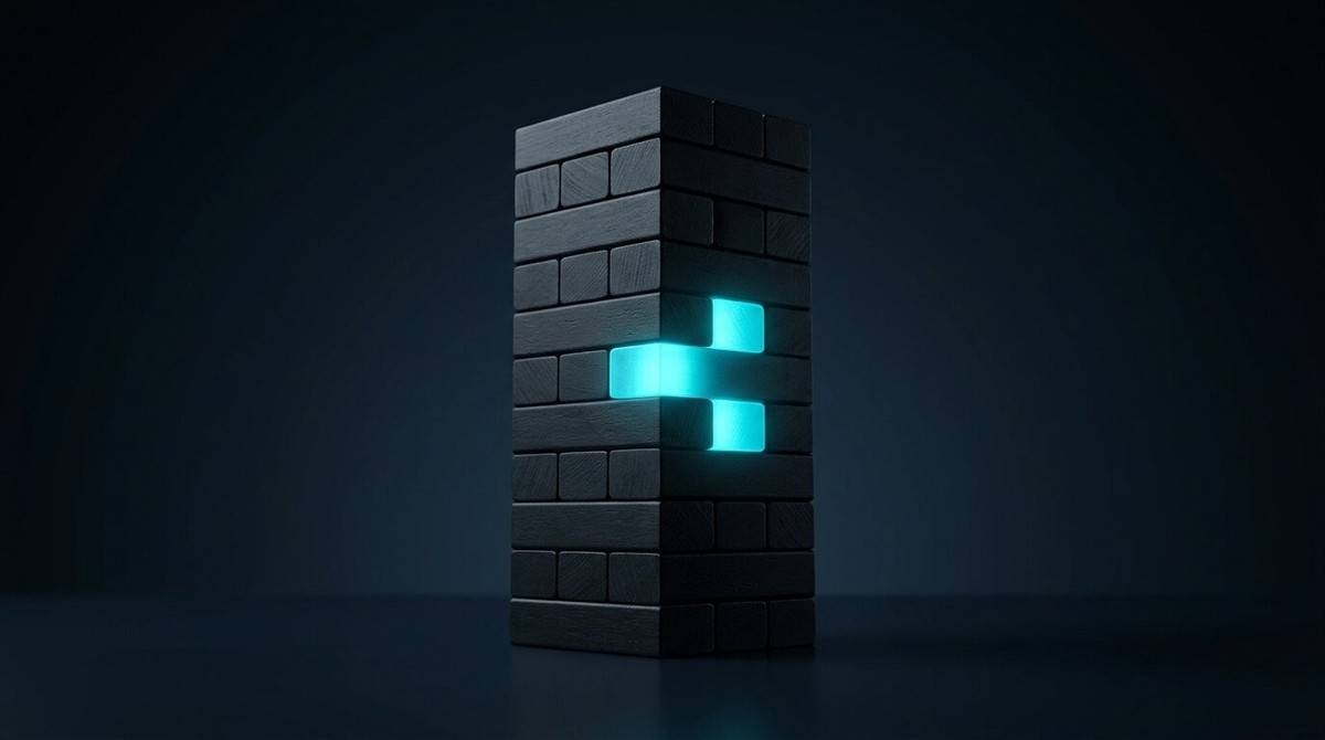 Dark block tower held together by a few glowing cyan blocks, like the must-have features that keep a product standing