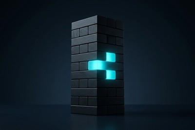 Dark block tower held together by a few glowing cyan blocks, like the must-have features that keep a product standing