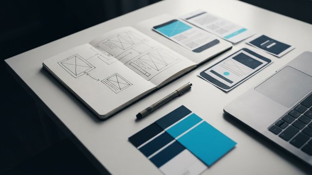 A desk with an open sketchbook of wireframes, printed screen layouts, a pen and a navy and cyan color swatch card