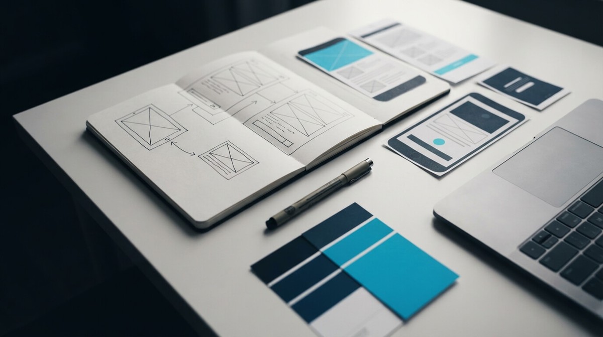 A desk with an open sketchbook of wireframes, printed screen layouts, a pen and a navy and cyan color swatch card