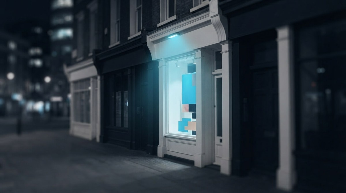 A small shop window lit by a cyan lamp on a dark street at night, standing out among the unlit storefronts