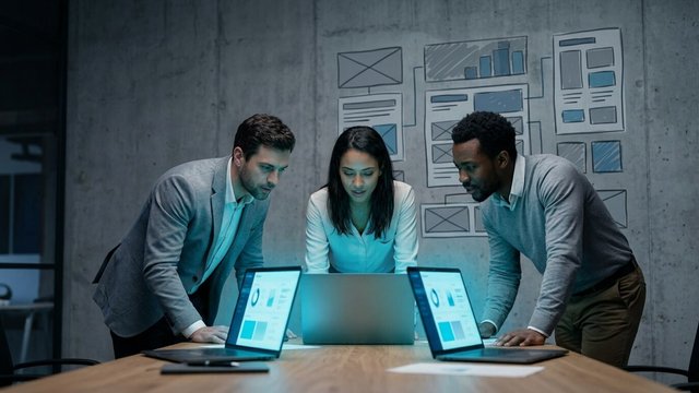 Three-person founding team leaning over laptops in front of a wall of wireframe sketches