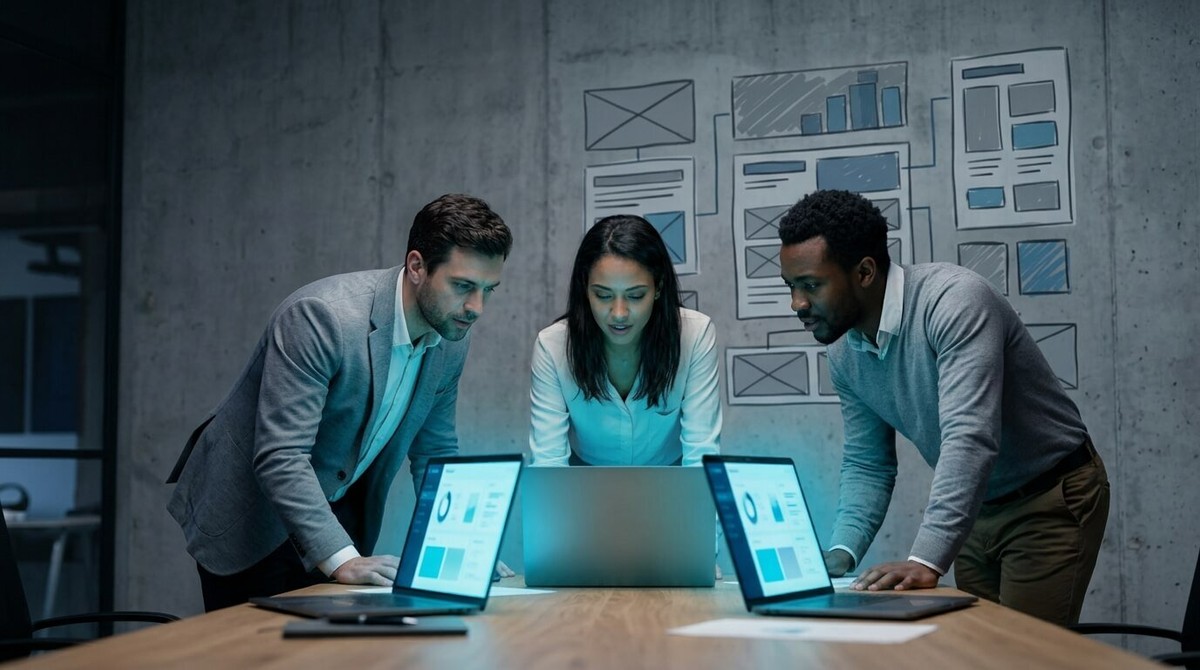 Three-person founding team leaning over laptops in front of a wall of wireframe sketches