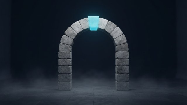 A freestanding stone arch of plain grey blocks in a dark hall, with a glowing cyan keystone at the top