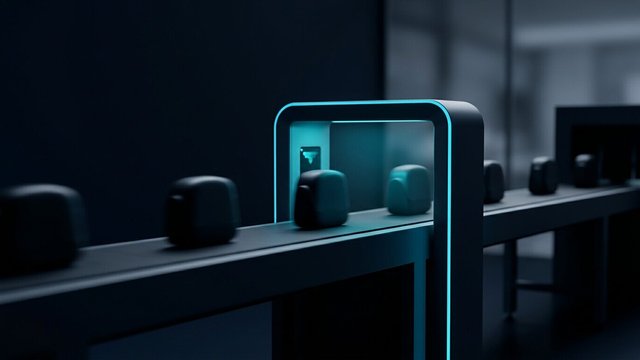 Products moving along a conveyor through a glowing cyan scanning gate that checks each one