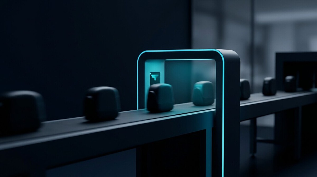 Products moving along a conveyor through a glowing cyan scanning gate that checks each one