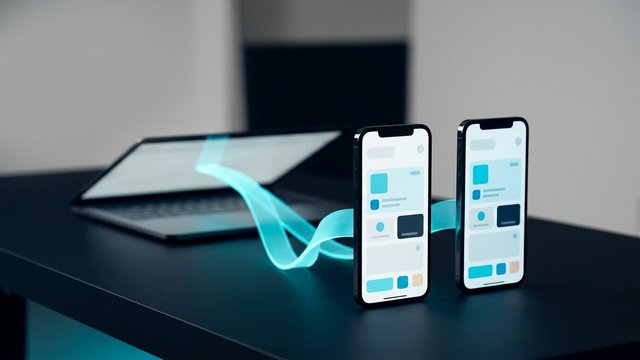 A single cyan light ribbon flowing from a laptop and reaching two different smartphones standing side by side