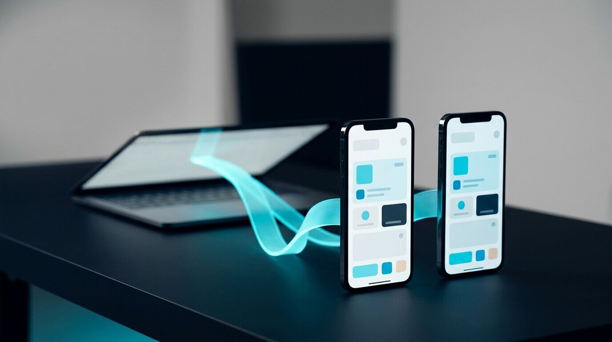 A single cyan light ribbon flowing from a laptop and reaching two different smartphones standing side by side