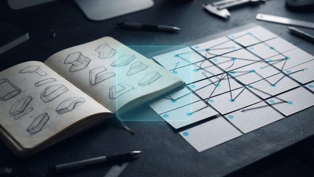 An open notebook of product sketches beside index cards joined by connecting lines, with a translucent cyan panel between them