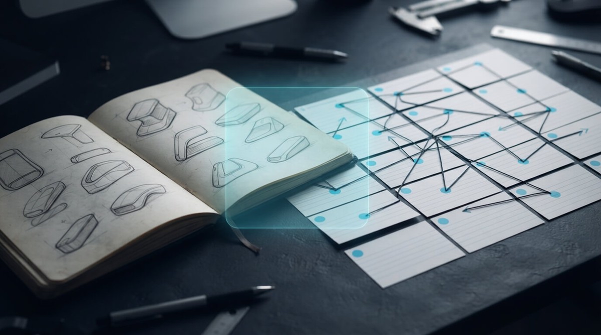 An open notebook of product sketches beside index cards joined by connecting lines, with a translucent cyan panel between them