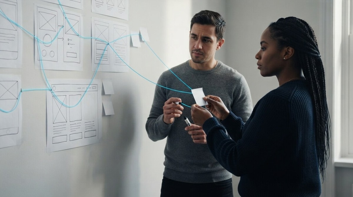 Two colleagues at a wall of wireframe sketches joined by a glowing cyan thread that traces a user journey, one holding a blank sticky note