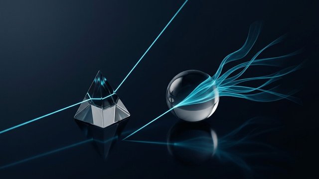 A glass prism splitting a cyan beam into a straight line beside a glass sphere that turns the beam into flowing ribbons