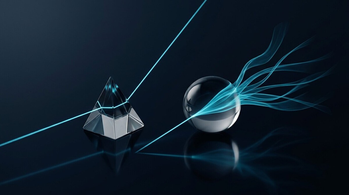 A glass prism splitting a cyan beam into a straight line beside a glass sphere that turns the beam into flowing ribbons