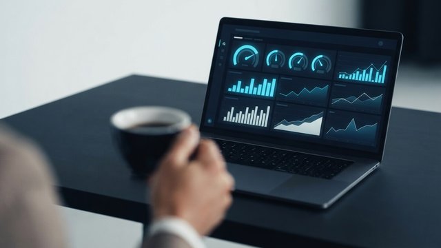 A laptop showing a dashboard of cyan gauges and charts, with a person holding a coffee cup blurred in the foreground