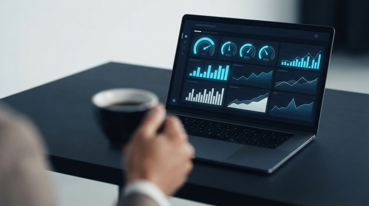 A laptop showing a dashboard of cyan gauges and charts, with a person holding a coffee cup blurred in the foreground