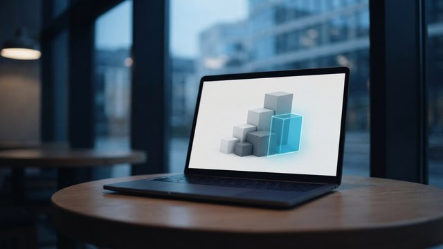 A laptop on a café table showing a stack of grey blocks with one translucent cyan block fitted into the structure