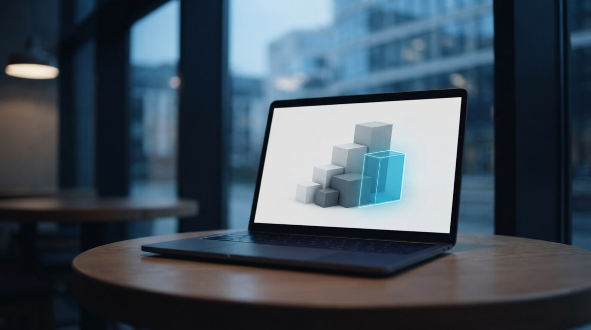A laptop on a café table showing a stack of grey blocks with one translucent cyan block fitted into the structure