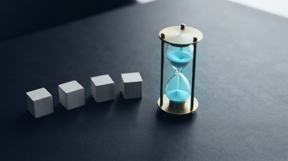 Hourglass on a desk beside four small labeled blocks representing the variables that set a project's pace