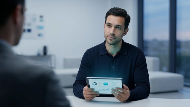 Founder at a meeting table holding a tablet, calmly evaluating a proposal across from a potential partner