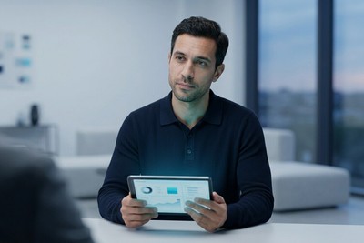 Founder at a meeting table holding a tablet, calmly evaluating a proposal across from a potential partner