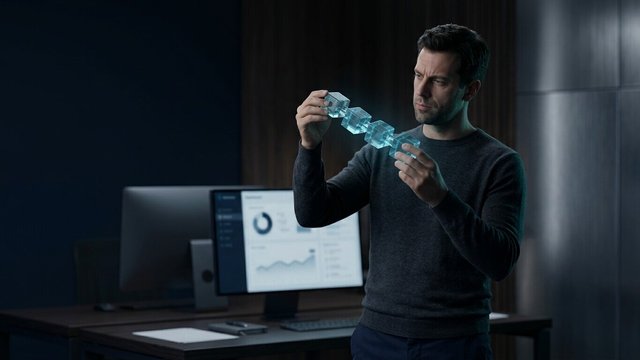 Founder in a dim office examining a chain of glowing translucent glass cubes with a skeptical look