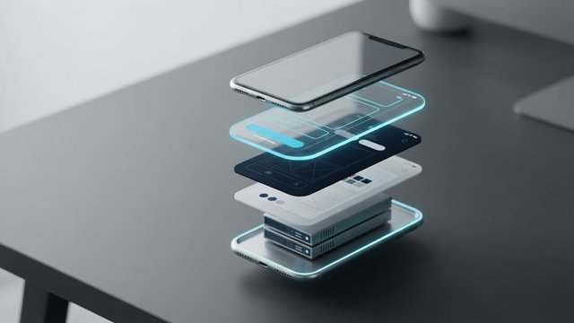 A smartphone taken apart into floating layers of interface, wireframes, design and servers, stacked above a base plate edged in cyan