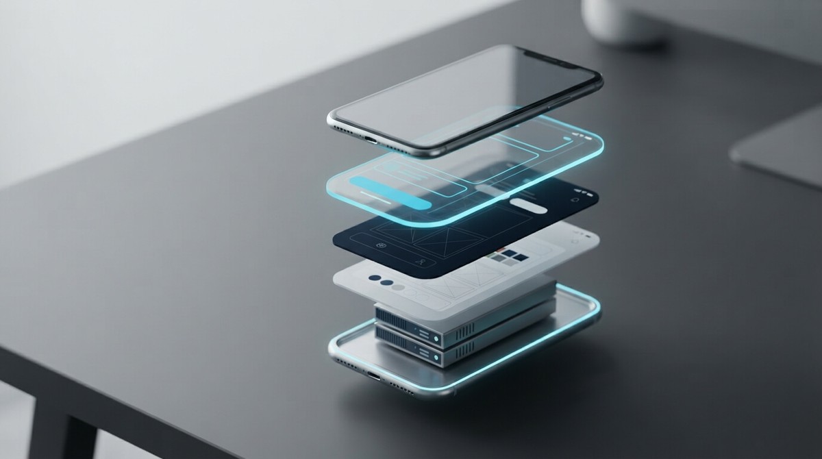 A smartphone taken apart into floating layers of interface, wireframes, design and servers, stacked above a base plate edged in cyan