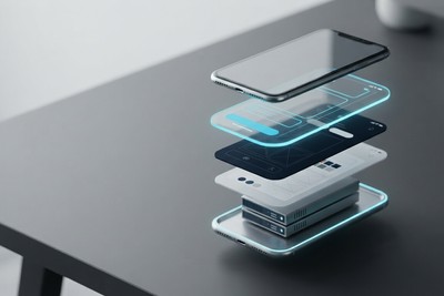 A smartphone taken apart into floating layers of interface, wireframes, design and servers, stacked above a base plate edged in cyan