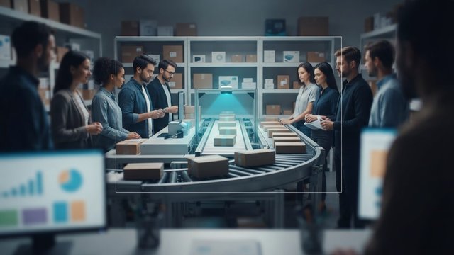 A team of warehouse staff gathered around a conveyor belt where a cyan scanner sorts parcels, with dashboards on screens in the foreground