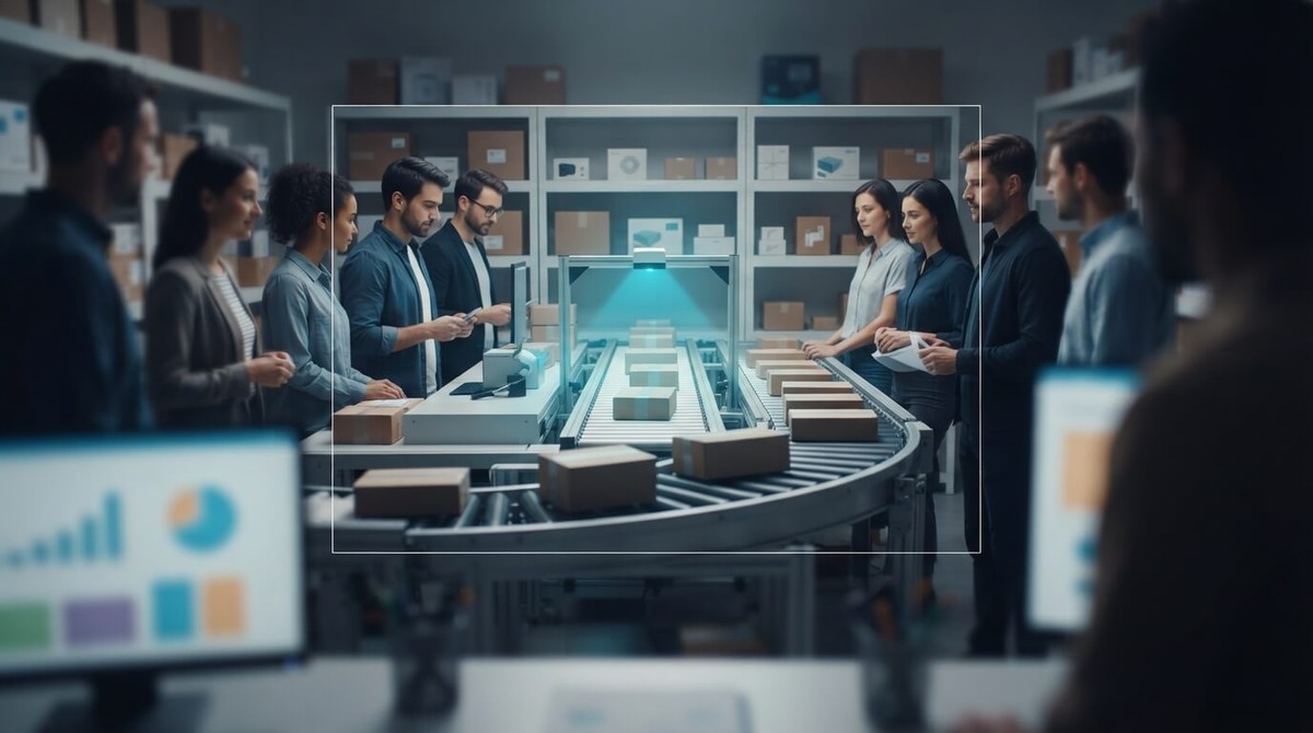 A team of warehouse staff gathered around a conveyor belt where a cyan scanner sorts parcels, with dashboards on screens in the foreground