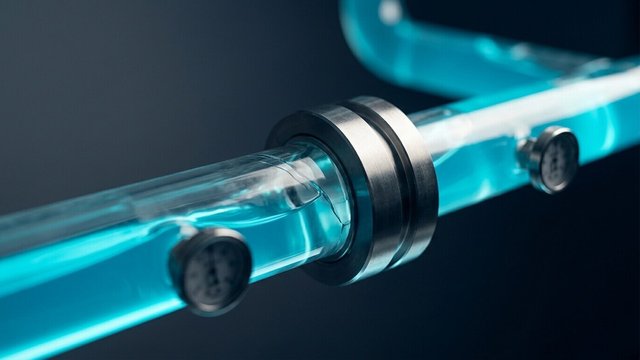 Glass pipes carrying glowing cyan liquid through a reinforced steel joint with pressure gauges