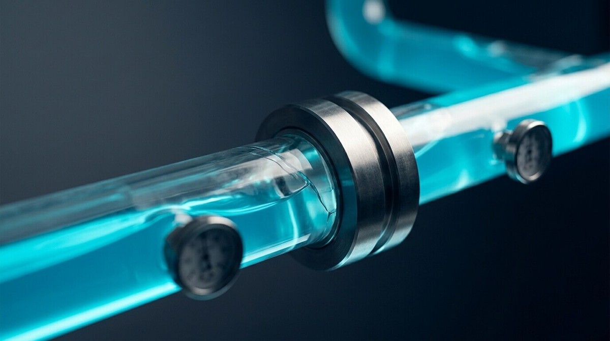 Glass pipes carrying glowing cyan liquid through a reinforced steel joint with pressure gauges