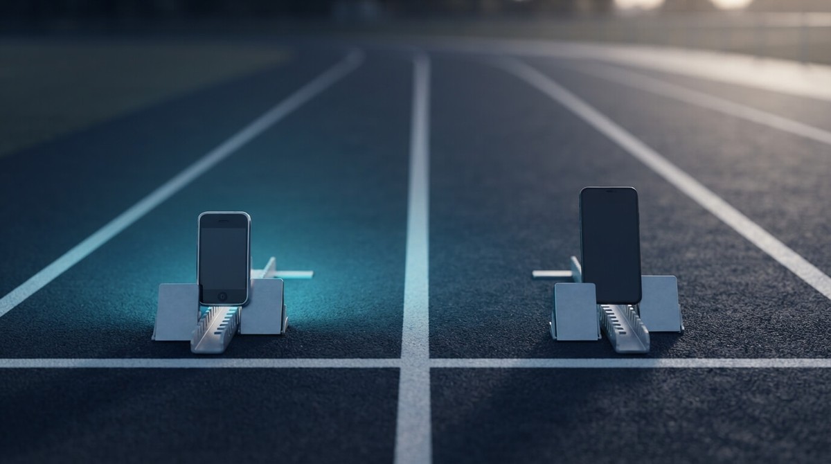 Two smartphones standing in starting blocks on a running track, one lit by cyan light, ready to race