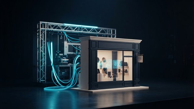 A miniature shopfront standing in front of a stage lighting rig, connected to the machinery behind it by glowing cyan cables