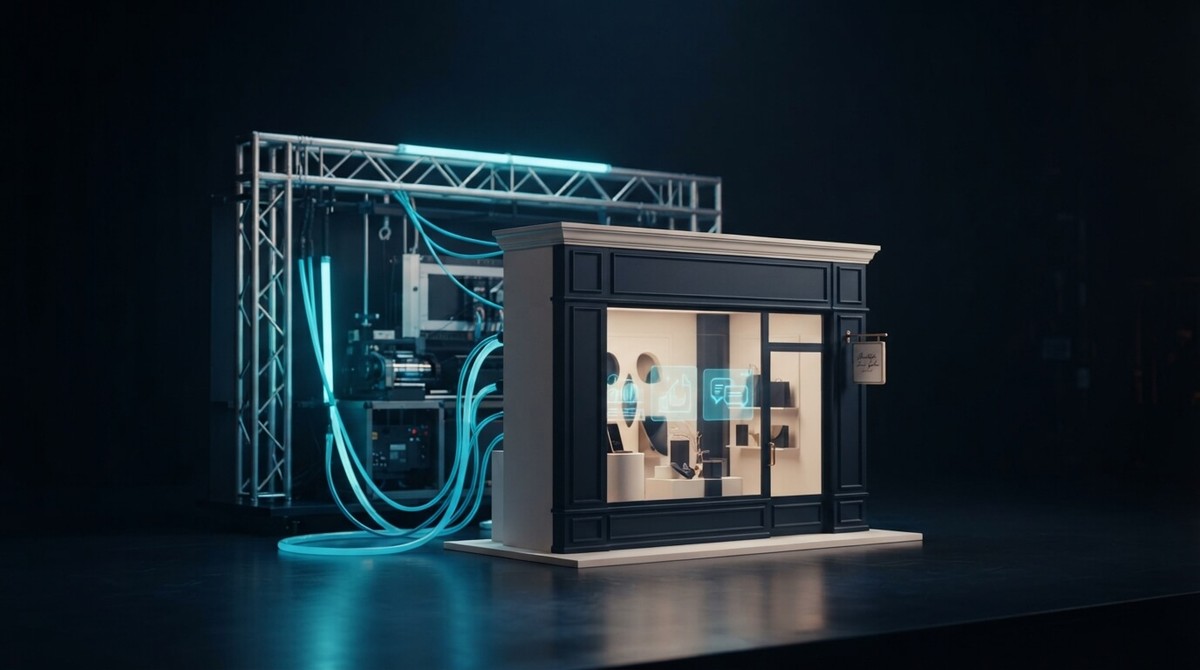 A miniature shopfront standing in front of a stage lighting rig, connected to the machinery behind it by glowing cyan cables