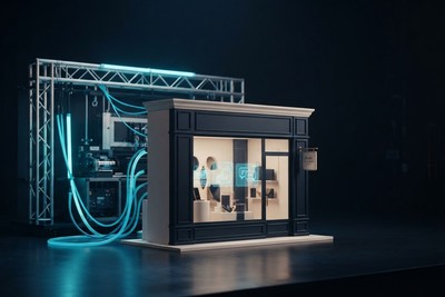 A miniature shopfront standing in front of a stage lighting rig, connected to the machinery behind it by glowing cyan cables