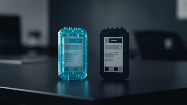 Two toy-brick phones side by side, one in translucent cyan and one in dark navy, both showing the same app screen