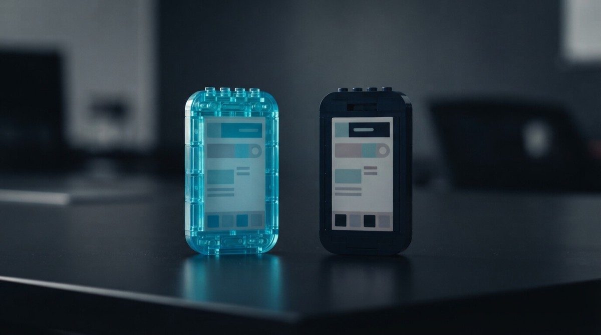 Two toy-brick phones side by side, one in translucent cyan and one in dark navy, both showing the same app screen