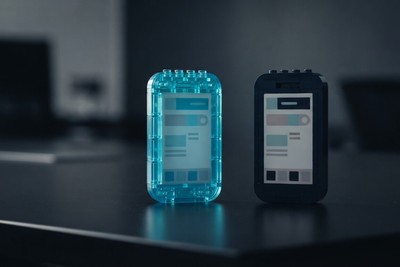 Two toy-brick phones side by side, one in translucent cyan and one in dark navy, both showing the same app screen