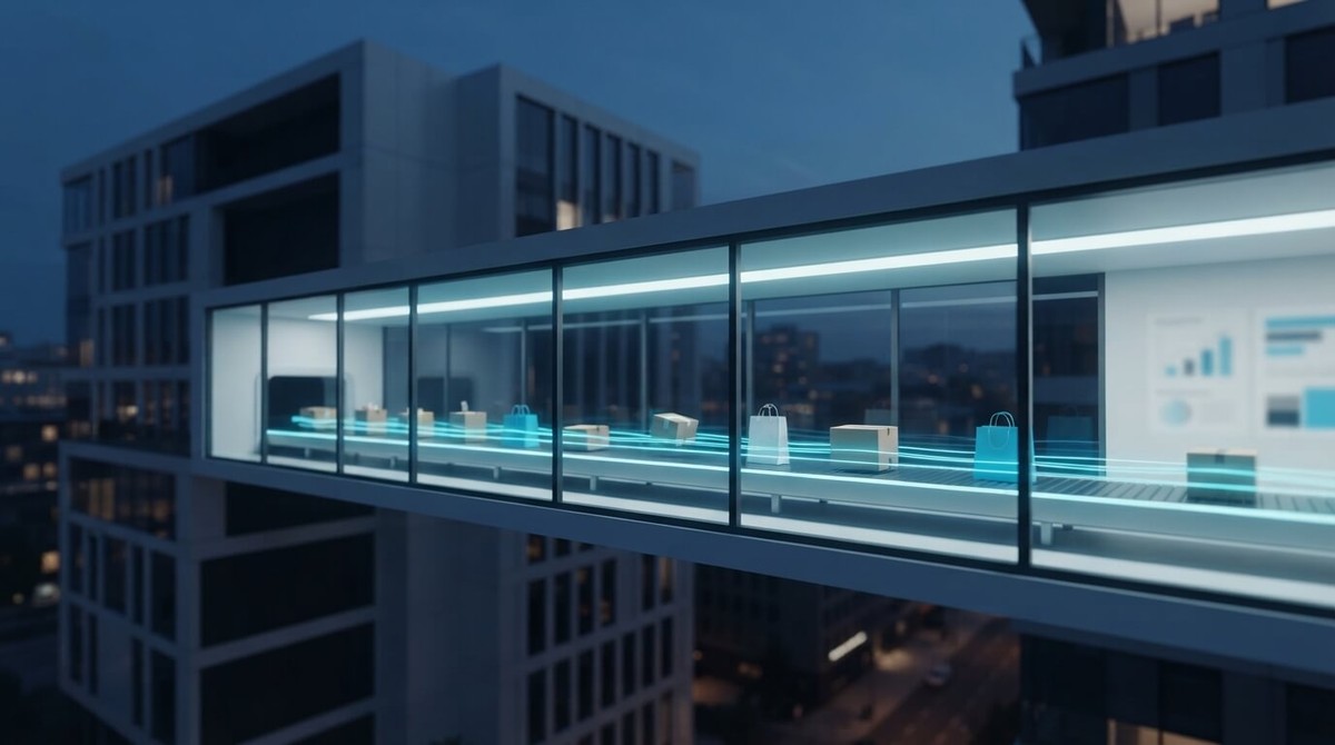 A glass walkway between two buildings at dusk carrying parcels and shopping bags along a glowing cyan conveyor