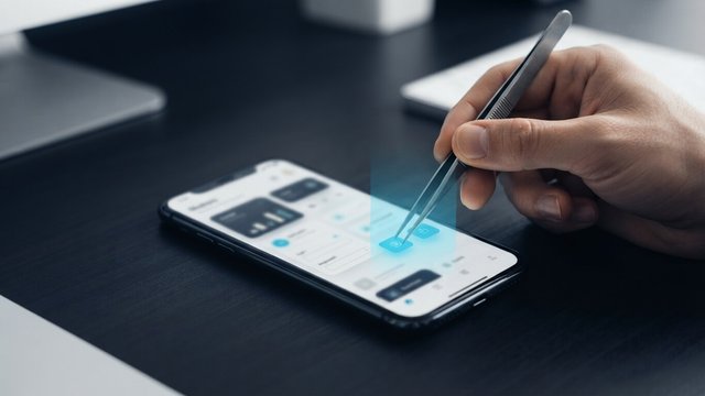 A hand using tweezers to adjust one small cyan interface element on a phone screen