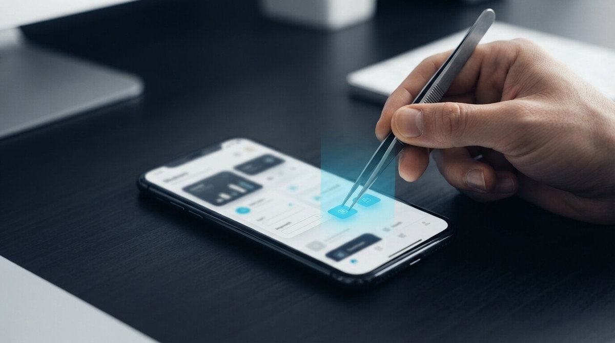 A hand using tweezers to adjust one small cyan interface element on a phone screen