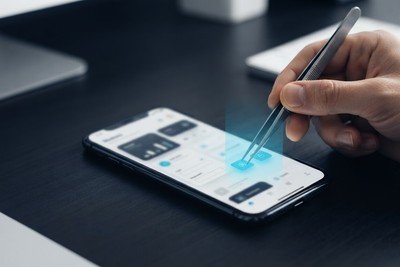 A hand using tweezers to adjust one small cyan interface element on a phone screen
