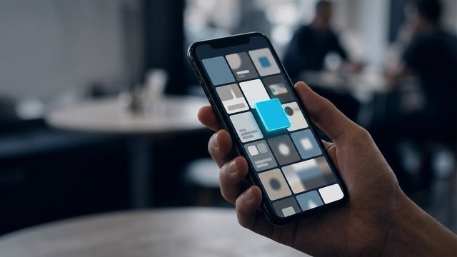 Hand holding a phone with a grid of app tiles where one cyan tile rises above the rest