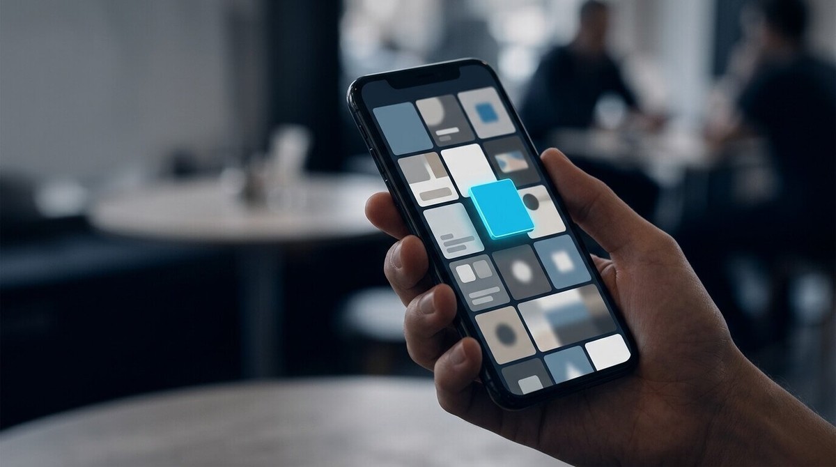 Hand holding a phone with a grid of app tiles where one cyan tile rises above the rest