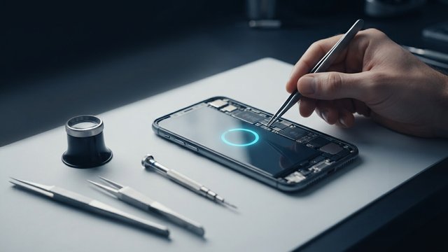 A hand using tweezers on an open smartphone showing its circuit board, beside a loupe and small tools, with a cyan ring glowing on the screen