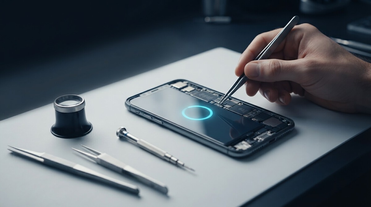 Eine Hand arbeitet mit einer Pinzette an einem geöffneten Smartphone mit sichtbarer Platine, daneben Lupe und Werkzeug, auf dem Display leuchtet ein cyanfarbener Ring