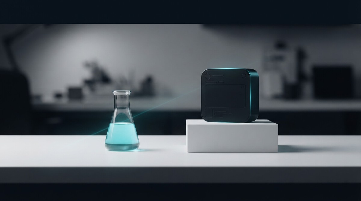 A glass lab flask of cyan liquid next to a sleek black device on a white plinth