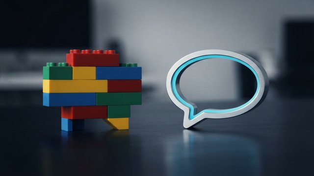 A chat bubble built from colorful toy bricks beside a sleek brushed-metal speech bubble outlined in cyan