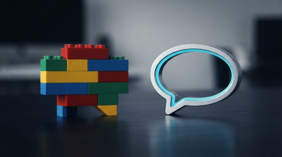 A chat bubble built from colorful toy bricks beside a sleek brushed-metal speech bubble outlined in cyan